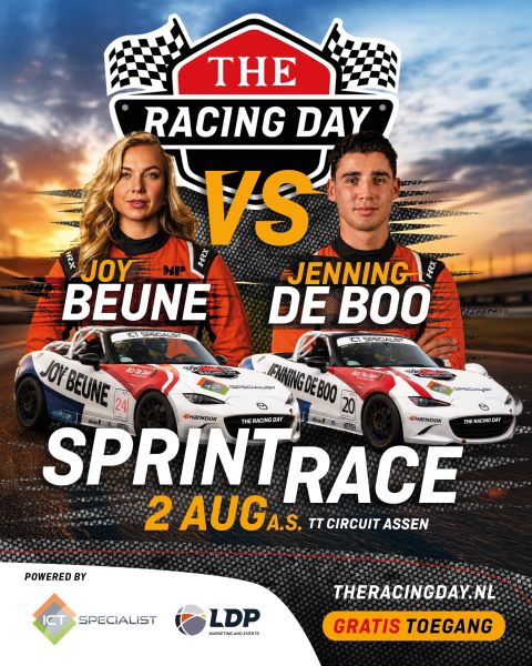 Joy Beune versus Jenning de Boo in een raceauto
